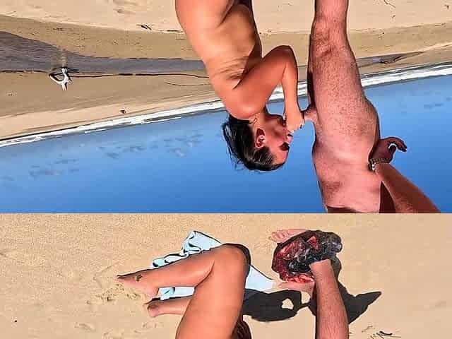 Public beach blowjob and handjob with a kinky brunette slut