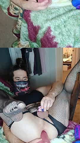 Sissy in chastity cage in fishnets creams all over sex-toy solo