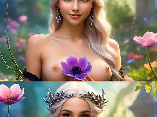 Ai Nude Art Woman Holding Anemone with Onyx Black Diamond Jewelry HD Artistic Slideshow