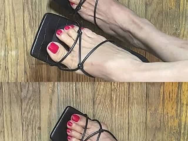 Sexy Asian Small Feet with Red Toe Nail in Open Toes Shoes