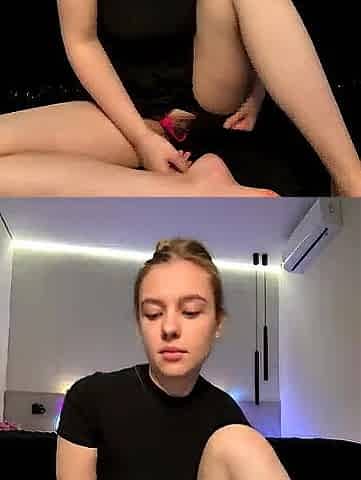 Youthful golden-haired masturbating and fingering taut vagina