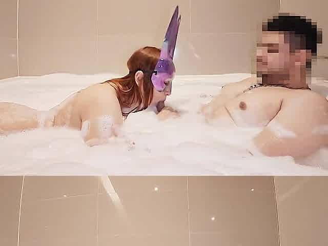 Purple Bunny Mask Redhead Rides Dong in Foamy Bubble Bathroom