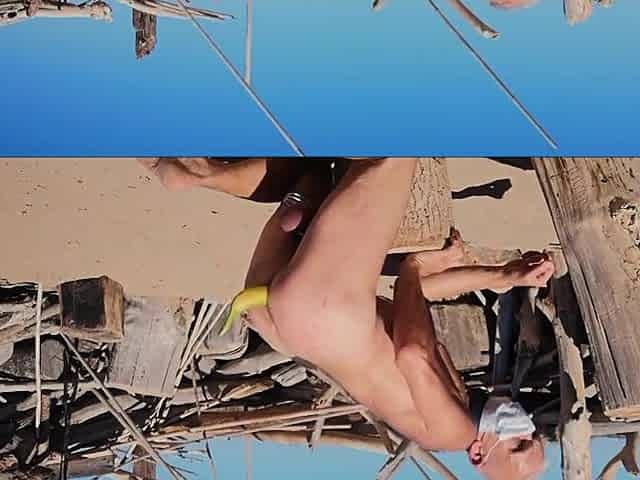 nude pathetic white thrall in rod cage at the homo beach banana cucumber screw, CMNM