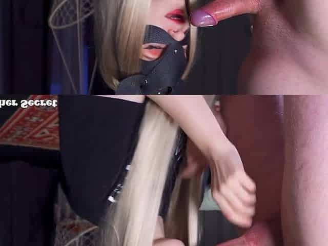This babe begged for cum on tongue! Angel with red lipstick works hard for a portion of jizz, side view