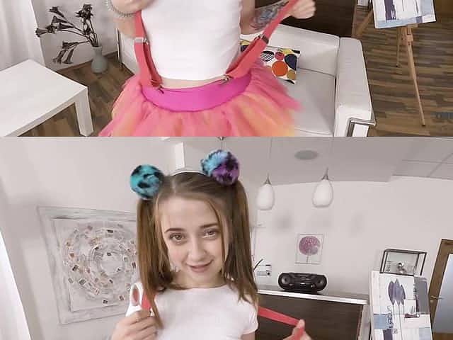 Virtual reality with pig tailed teen sucking lolly pop Alita Angel