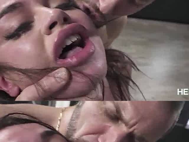 Thick Brunette hair in Ebony Lace Gets Roughed Up and double penetration'd Until 2 Chaps Finish on Her