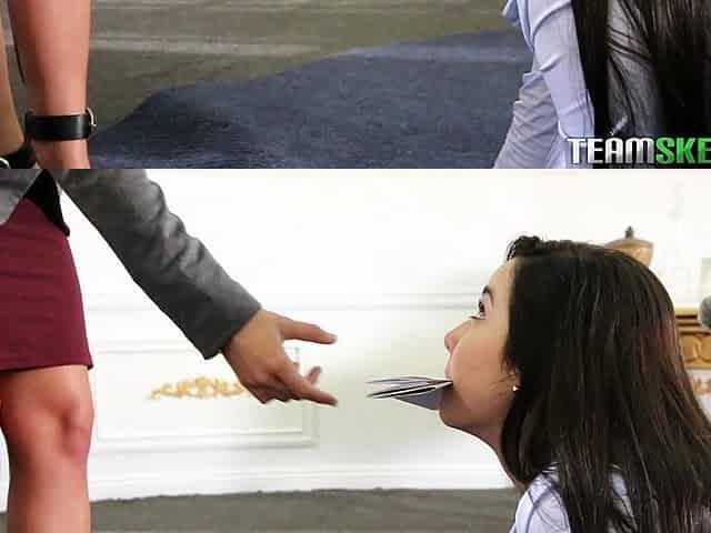 Female agent fucks brunette lesbian babe with cucumber