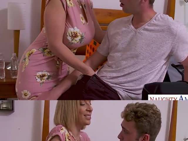 Mature blonde woman in a floral dress, Sara Jay is sucking her lovers cock before getting fucked