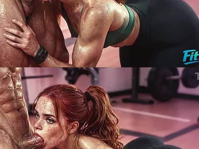 Redhead fitness beauty in green top gets drilled hard in the home gym. [AI]