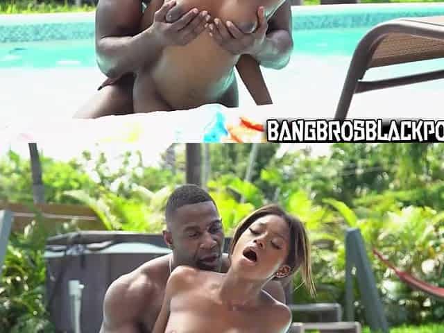 Ebony honey gets drilled super hard in the pool, look at her bazookas bounce!