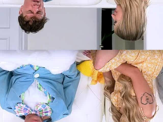 Blonde milf housewife having group sex in a kitchen