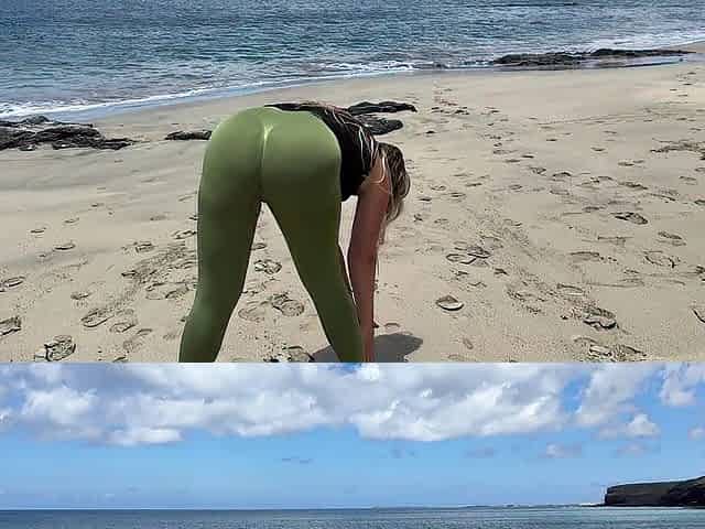 beauty doing yoga on the beach and urinated her panties Public