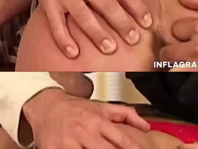 Brunette hair In Costume Gets Booty Banged On Wooden Table.