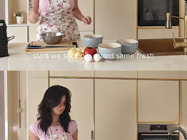 On the film set, the cameraman drilled a feminine makeup artist and a breasty food blogger.