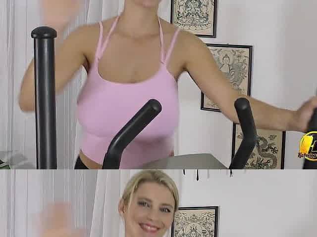 Tits bouncing on bike and jumping and hula hoop exercise