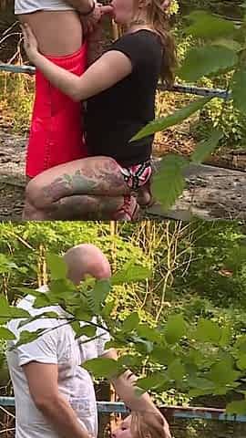 Hot and pretty brunette does boobjob and fucks outdoor