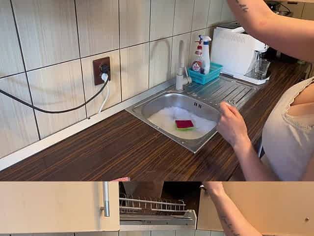 Hair Wash with Dishwasher Liquid in Kitchen Sink