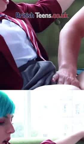 Blue Haired 18 Year Old In School Uniform Edged And Teased