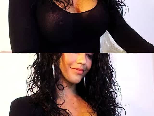 Busty curly brunette with big boobs fucks on couch