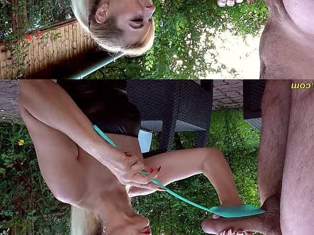 The dominant woman selects a penis for copulation outside.