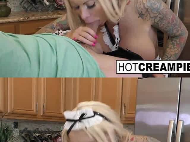 Breasty blond maid receives a creampie in the kitchen