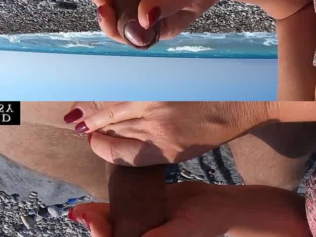 Jerking off My Boyfriend at a Beach - Quick Risky Outdoor Handjob with Huge Cumshot