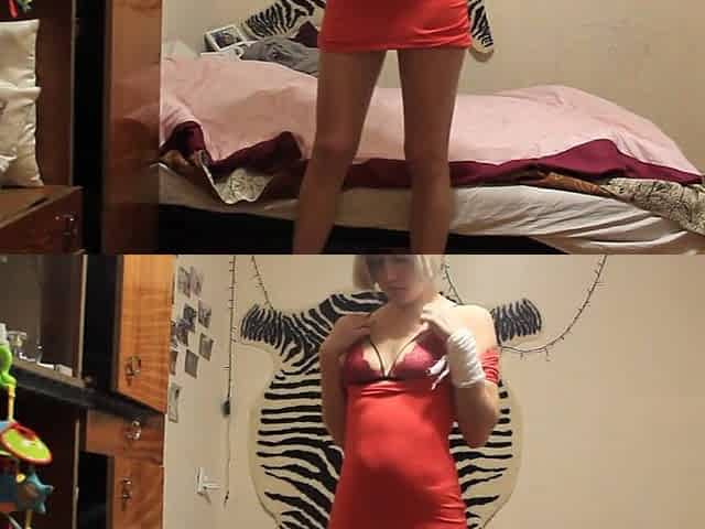 DATEZONE - Hot golden-haired in taut red costume masturbates her vagina