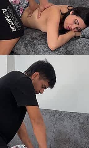 Young Masseuse Gives His Little Friend's Stepsister a Hard Fuck, While He Watches Them Fuck Her