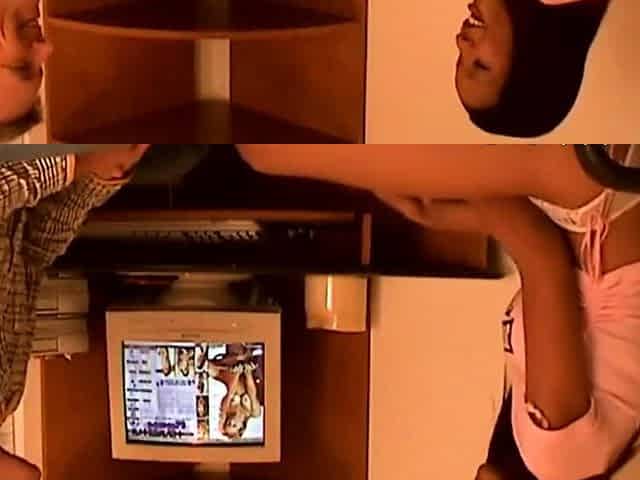 Cute ebony teen eats white meat