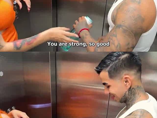 I meet my neighbour in the elevator and bang her outdoors.