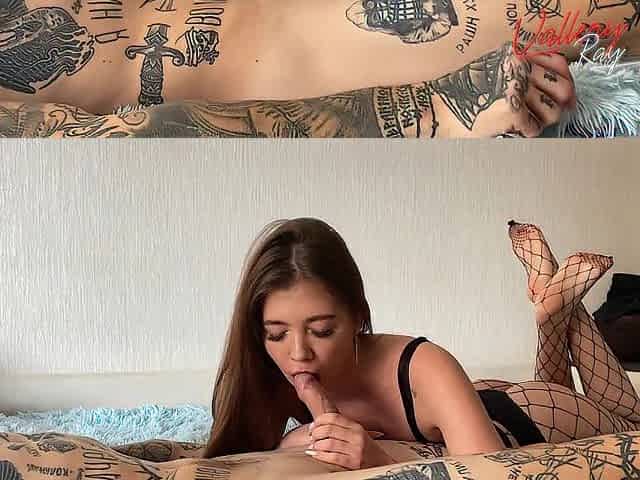 Sloppy blow job from beauty in fishnet tights