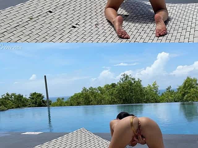 Sunbathing at the Public Pool in Micro Bikini, Boobs, Pussy
