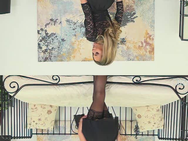 Blonde perfection in a black dress fucks him hard