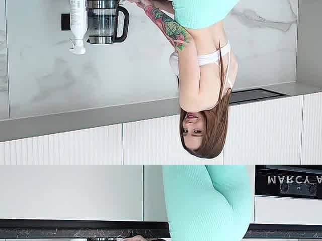 Ejaculation on a angel's face whilst cleaning in the kitchen