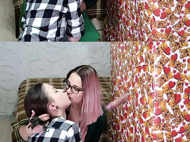 Valentine's day Surprise! GF Shared his gift with a friend. Gloryhole BJ