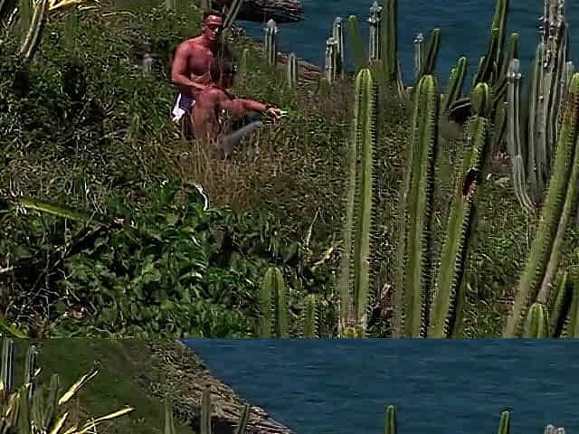 Slender blond in outdoor trio