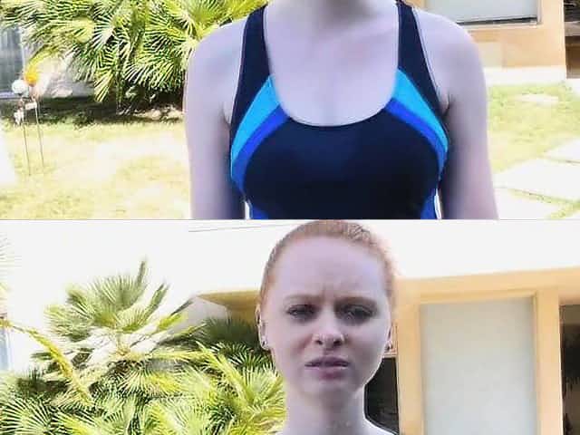 Teen ginger ass on black dark by the pool