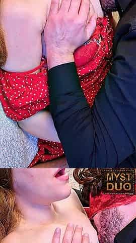 Sucking breasts of the beauty in red (upright)