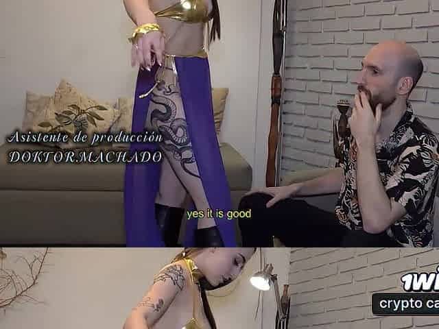 Uruguayan gal, fair-skinned with marvelous boobs and a large ass, shows me her odalisque dress