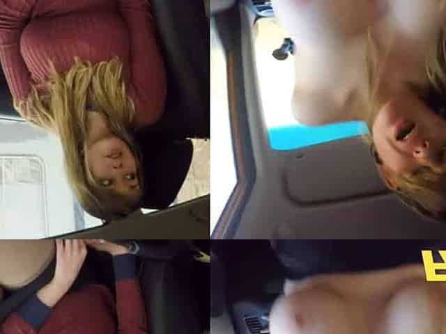 Cowgirl squatting in car, talking, kissing, closeup