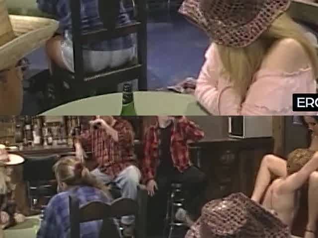 Cowgirl bangs on the horse ranch whilst everybody watches