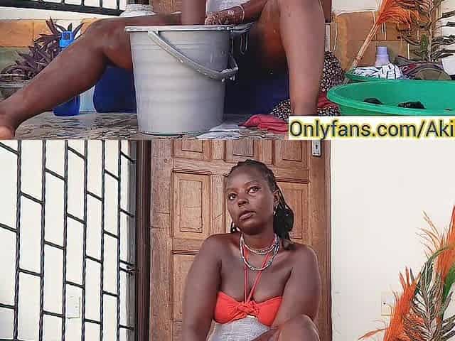 African babe AKIILISA handwashing laundry,hairy fat pussy,and thick thighs NO PANTIES