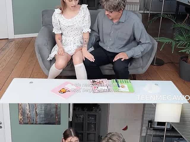 Arresting brunette hottie fucks an old guy in a bad wig