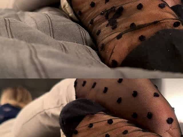 Busty brunette foot fetish and footjob in nylons