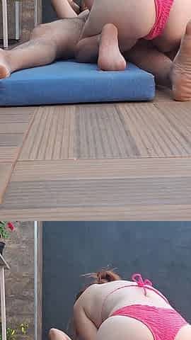 Redhead Riding the Cock by the Pool