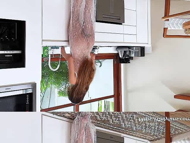 A sexy petite brunette Amy Haze cleaning on kitchen in a transparent dress without underwear