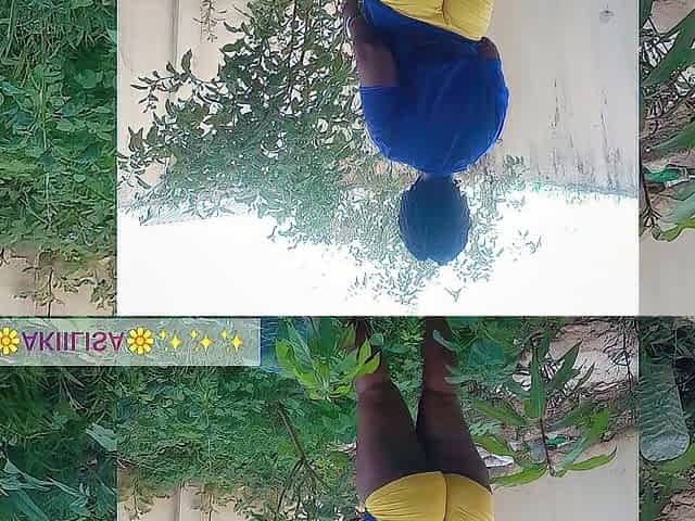 Afro gardener AKIILISA checking out the fruits of the season/lover's Tshirt and small butt short/