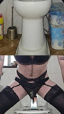 Pissing throughout pants in a chastity cage clothed in underware