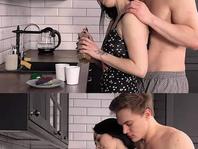 Hot brunette gets creampie in the kitchen