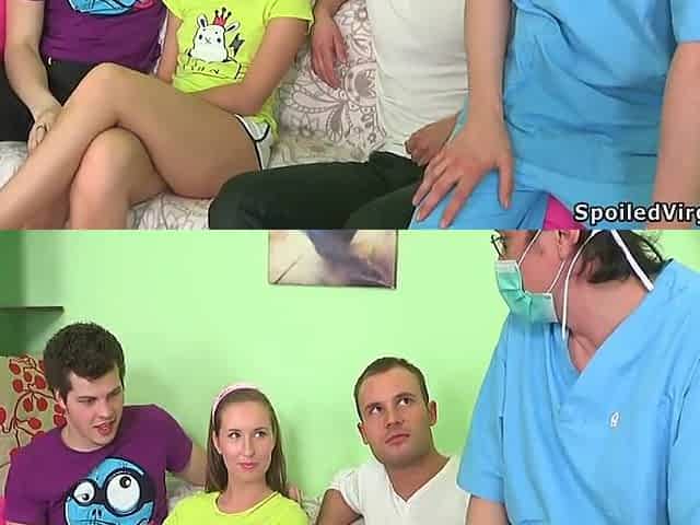 Hot Brunette Enjoys Spoiling Threesome After Virgin Pussy Inspected By Doctor